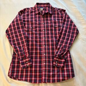 Wrangler Men's XL Tall Red Plaid‎ Long Sleeve Western Shirt Cotton Cowboy